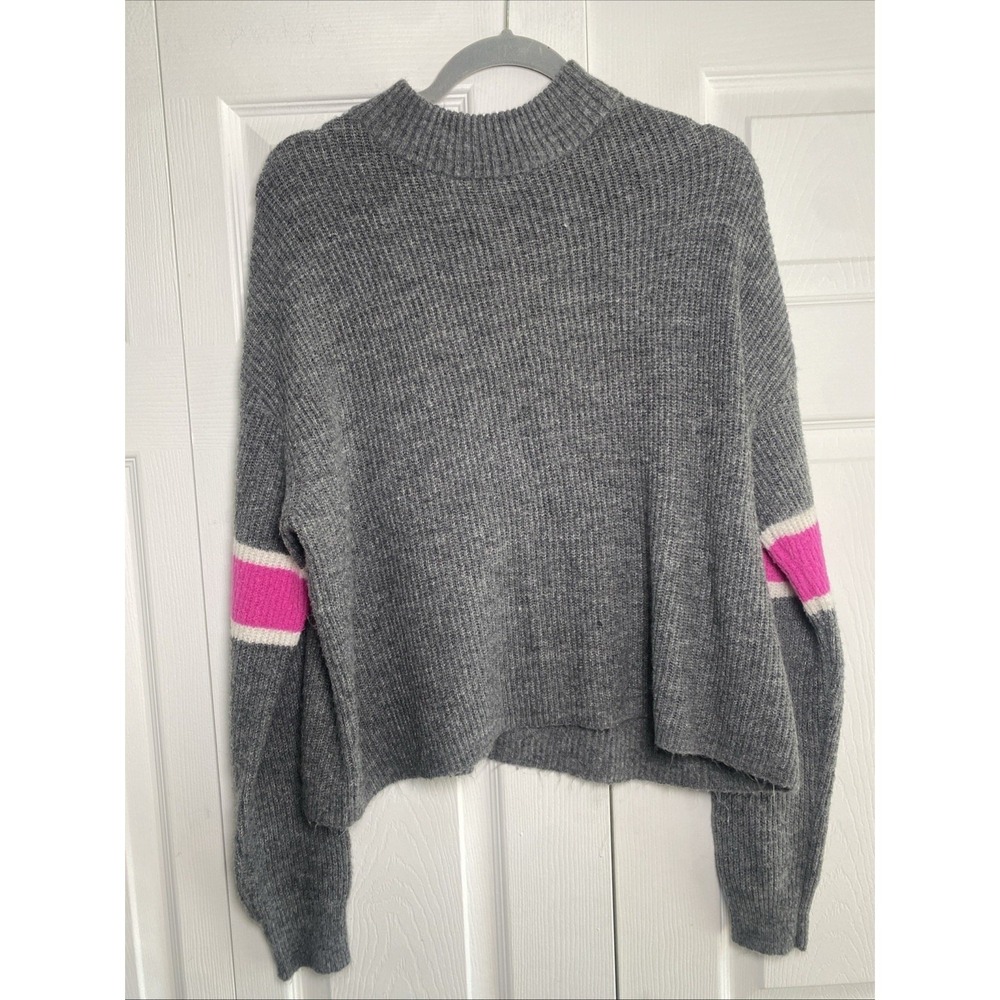 John + Jenn Mock Neck Striped Sweater Womens XL Gray Pink Knit‎ Cropped